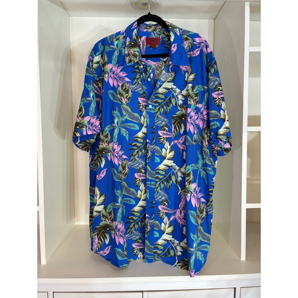 The Foundry Shirt Young Mens 3XLT Blue Tropical Floral Cotton Button Down